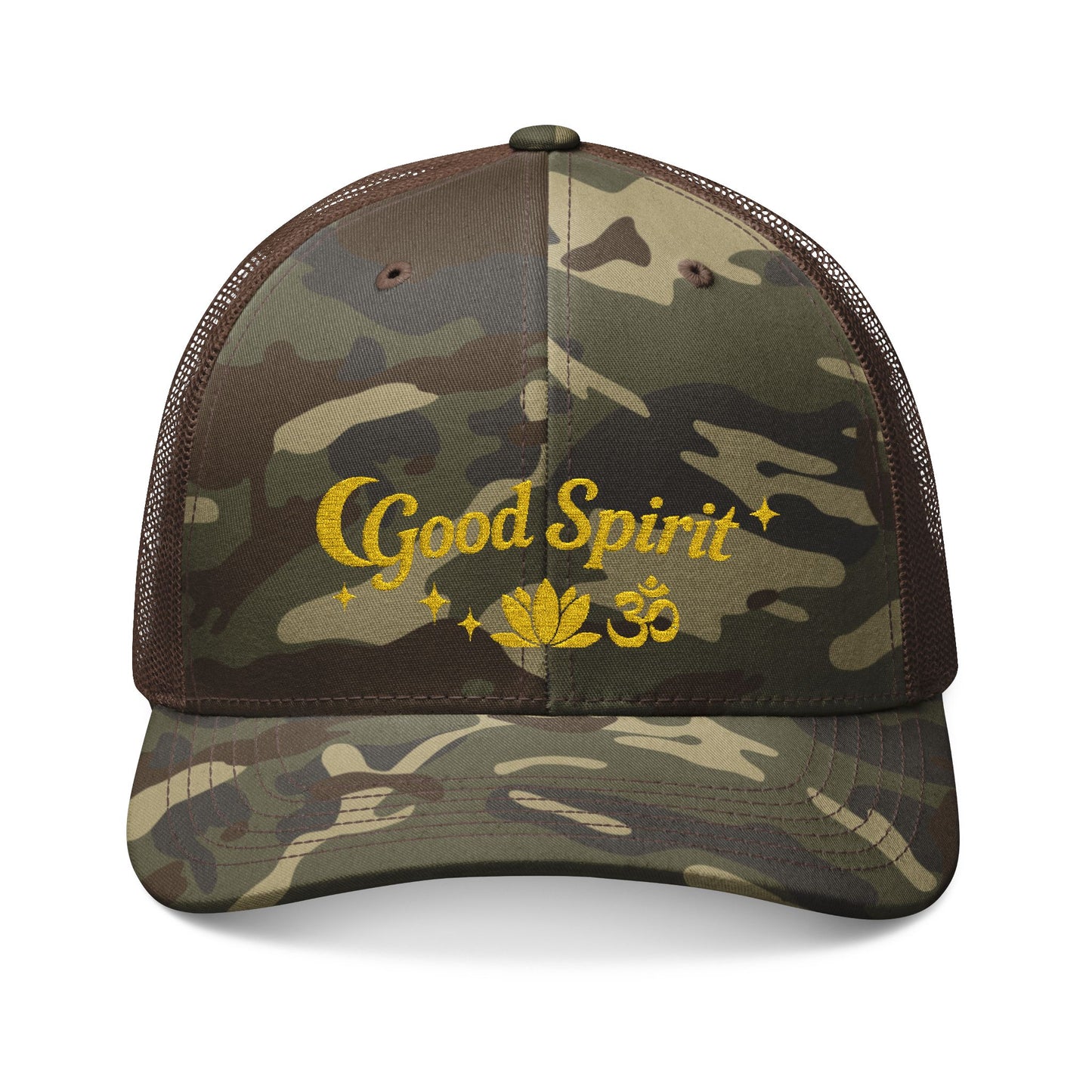 Embroidered Good Spirit Camouflage Trucker Hat - Gold