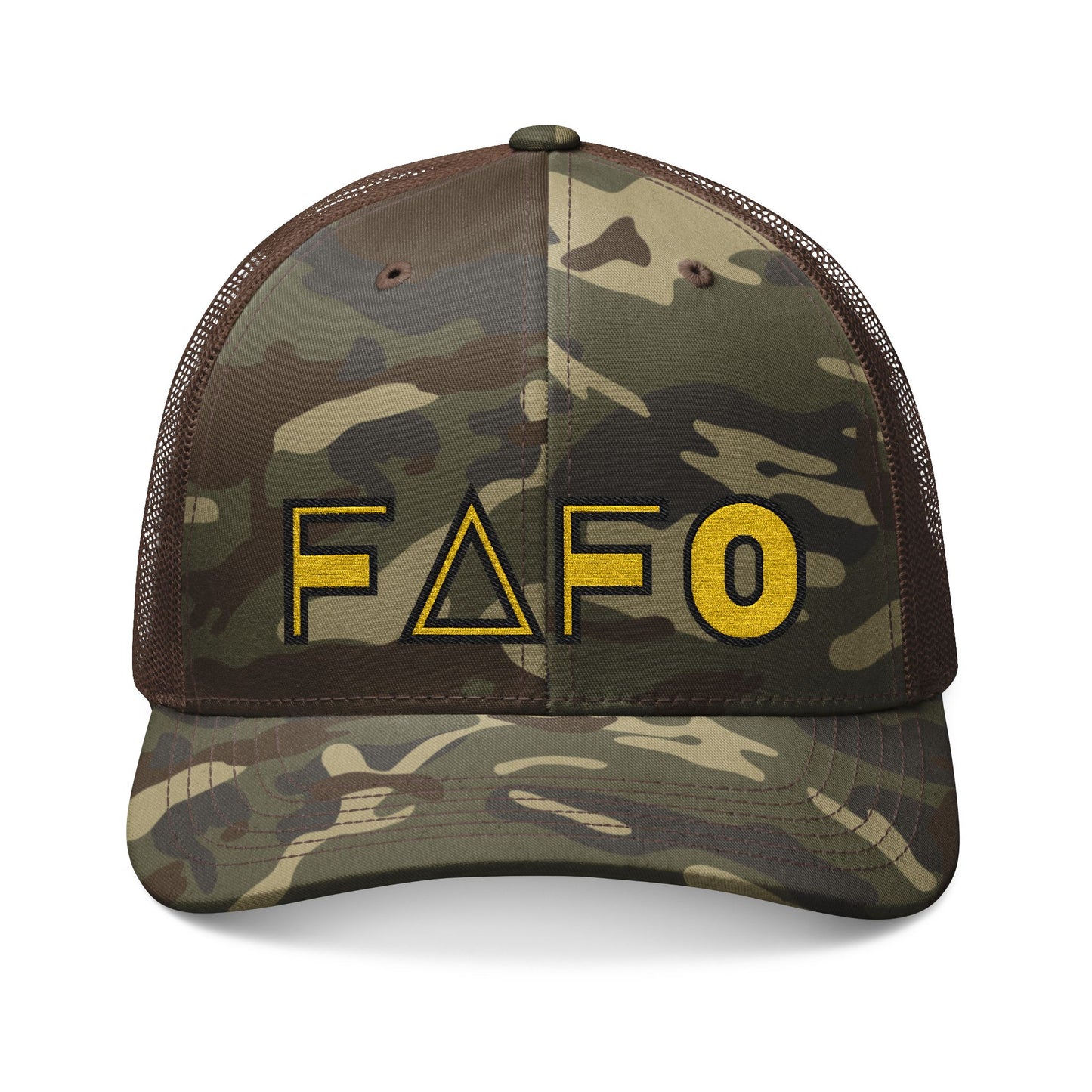 Embroidered FAFO Camo Trucker Hat - Gold